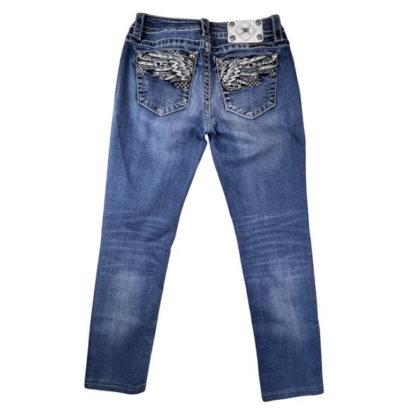 Vintage Y2K Miss Me Skinny Jeans 27 | Embroidered Angel Wing Rhinestone Denim - Picture 4 of 16